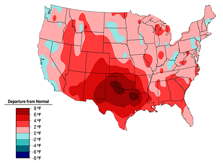 July 2011 temperatures as compared to the 1971-2001 normal. Image courtesy National Oceanic and Atmospheric Administration. 